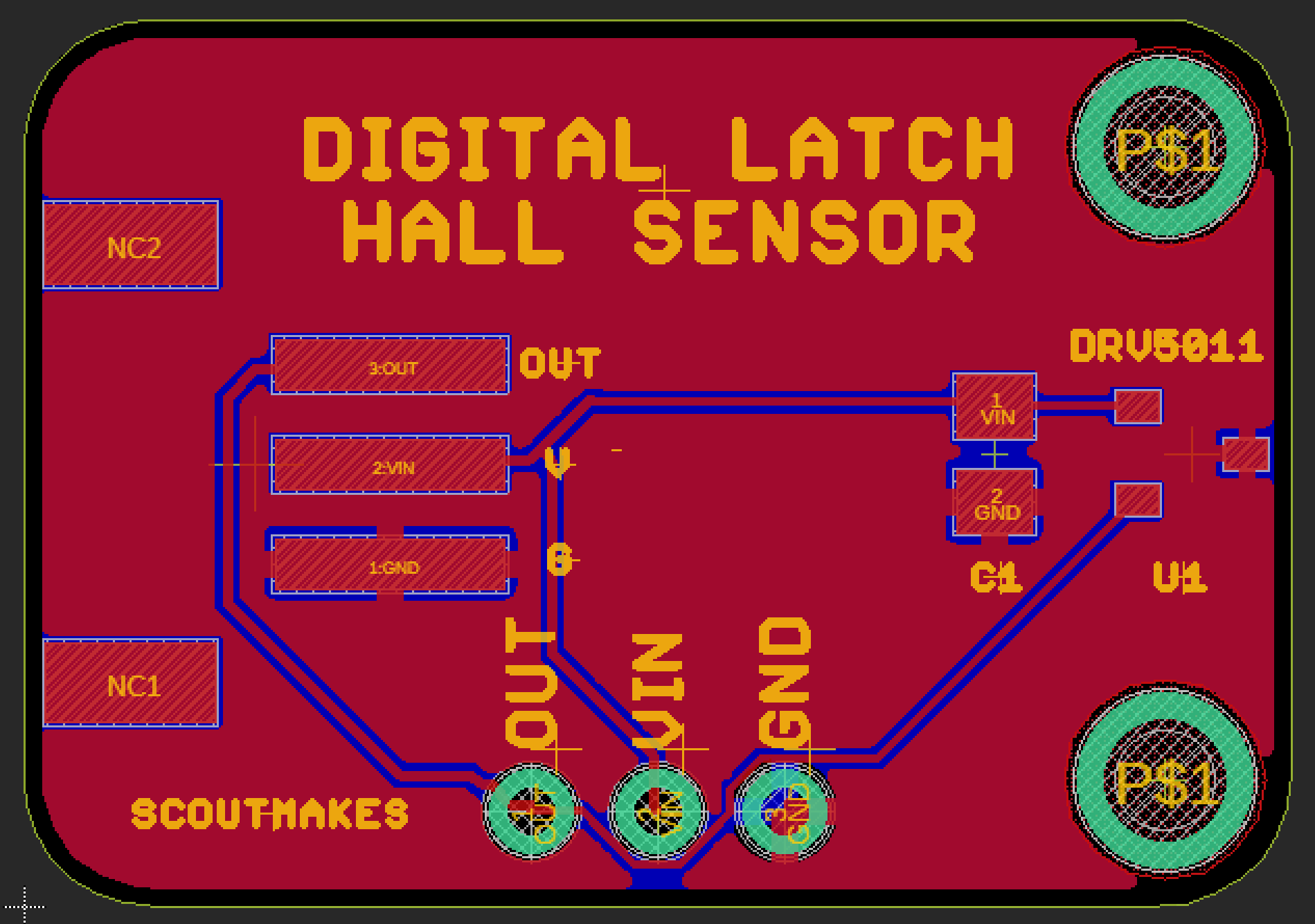 DRV5011 Digital-Latch Hall Effect Sensor Breakout PCB layout