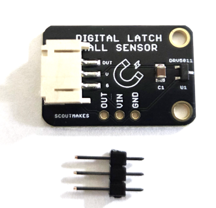 ScoutMakes DRV5011 Digital Latch Hall Sensor breakout, front view with header pins