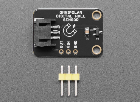 ScoutMakes DRV5032 Omnipolar Digital Hall Sensor breakout with header pins, top-down view